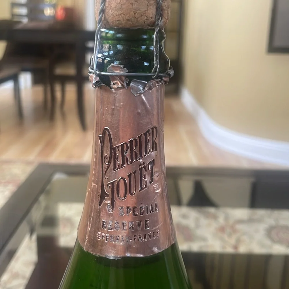 Perrier-Jouët Empty Champagne Bottle with Hand Painted Floral Glasses
